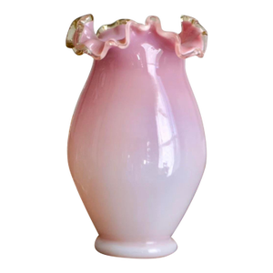 Antique Victorian Peach Blow Glass Vase – Amber Crest Ruffled Rim, 19th Century Art Glass