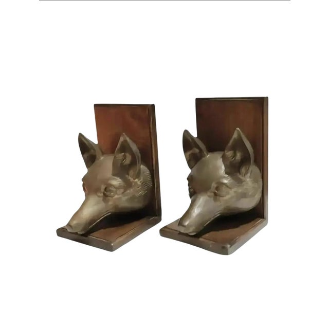 Wood Pair of 1970s Sarreid Ltd. Brass Fox Head Bookends For Sale - Image 7 of 7