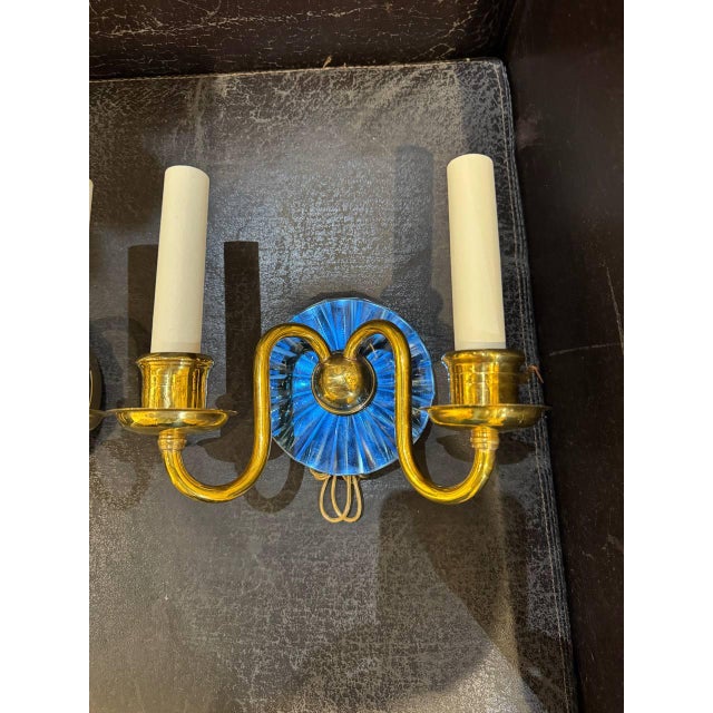 Metal 1930's Caldwell Bronze and Cobalt Glass Sconces Double Lights - a Pair For Sale - Image 7 of 8
