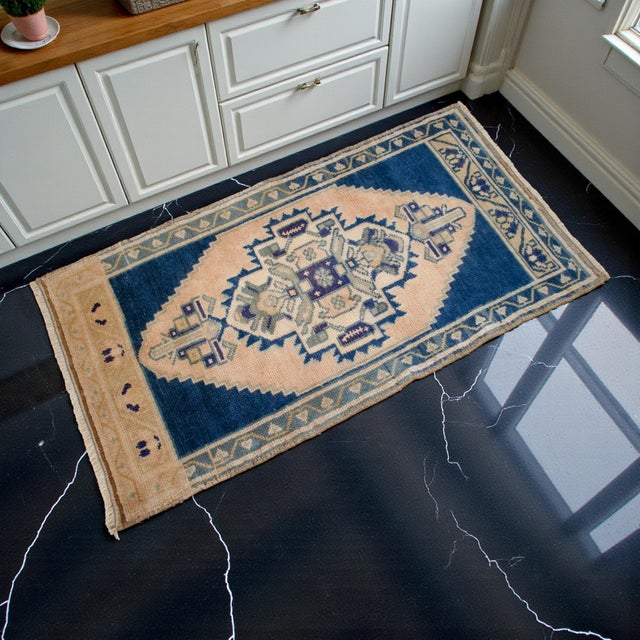 Hollywood Regency 1970s Hand Knotted Turkish Rug, Door Mat, Entryway Rug, Bath Mat, Kitchen Decor, Small Rug - 22″ × 42″ For Sale - Image 3 of 13