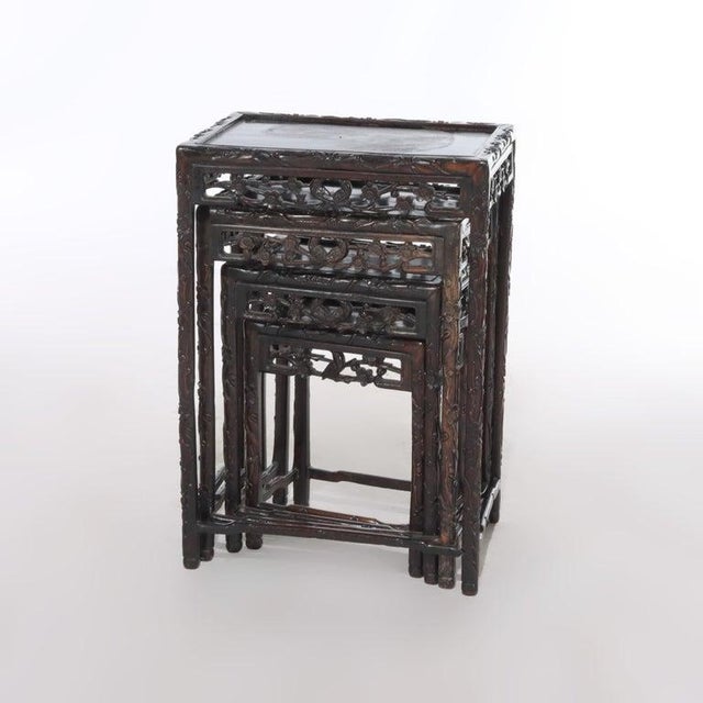 Set of 4 Antique Chinese Floral & Figural Carved Hardwood Nesting Tables For Sale - Image 13 of 13