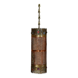 Mid-20th Century Moroccan or Moorish Style Embossed & Pierced Copper & Brass Pendant Light Fixture With Multicolored Jewels Made in India For Sale