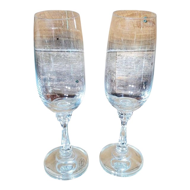 1980s Lead Crystal Hand-Blown Glass Champagne Flutes - a Pair - 6-Sided Cathedral Stem For Sale