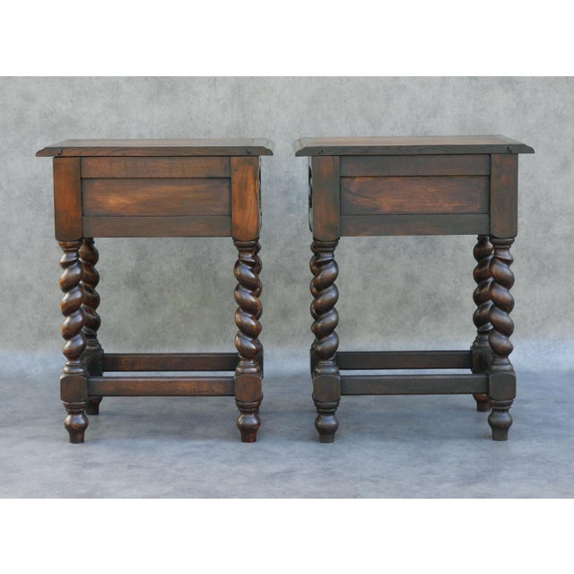 Wood Early 20th Century Louis XIII French Oak Bedside Cabinets with Barley-Twist Legs, 1930, Set of 2 For Sale - Image 7 of 12
