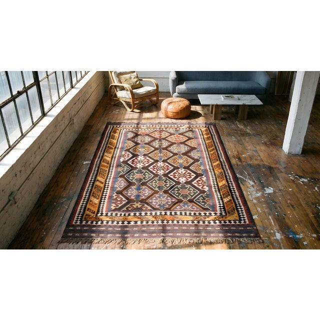 Textile 1900s Blue Navy Geometric Kilim Antique Persian Ghashgaie Flat-Weave 6' X 10' Wool Carpet For Sale - Image 7 of 9