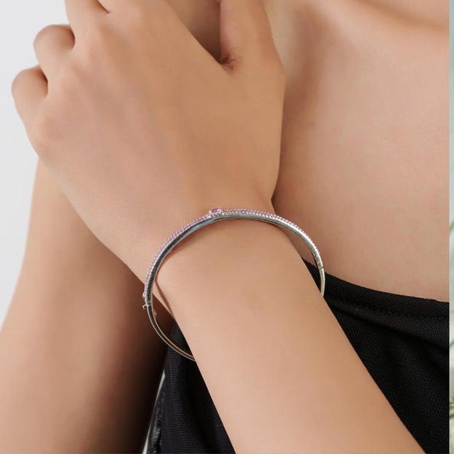 925 Sterling Silver Geometric Hinged Bangle With Mixed Cut Pink Sapphires - Caratandher For Sale - Image 9 of 15