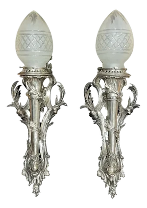 Early 20th Century Pair of Silvered Bronze Louis XV Sconces With Cut Glass Shades