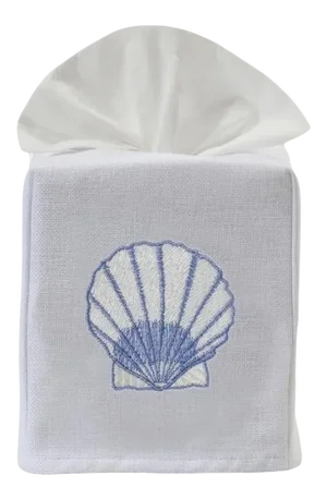 Blue Scallop Tissue Box Cover in White Linen & Cotton, Embroidered
