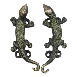 Green Brass Lizard Door Handles - A Pair For Sale