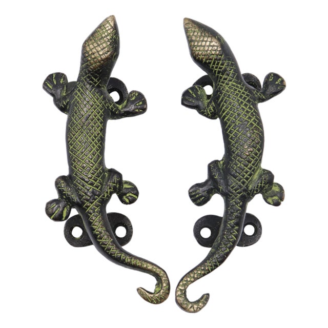 Green Brass Lizard Door Handles - A Pair For Sale