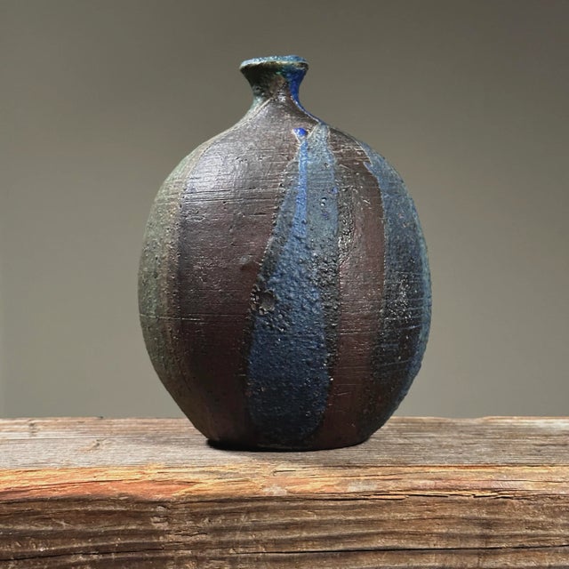 Vintage Danish Modernist Stoneware Poured Matte Glaze Small Neck Vase For Sale - Image 4 of 6