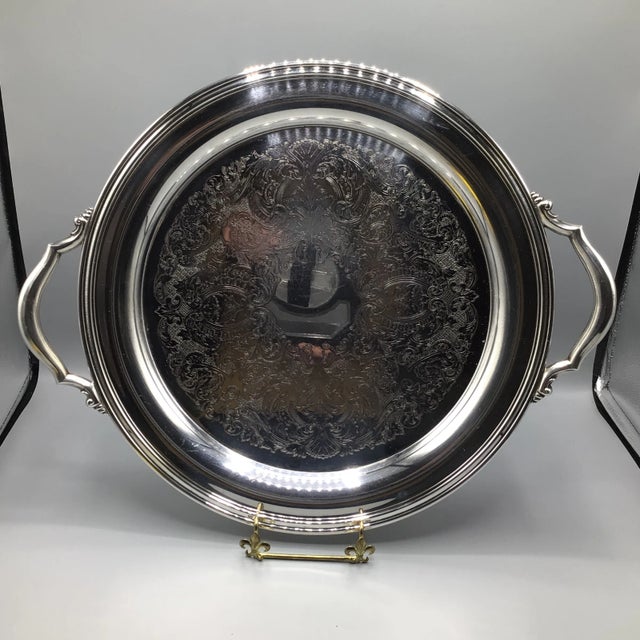 Oneida Round Silver Plated Tray With Handles - 1970 For Sale - Image 13 of 13