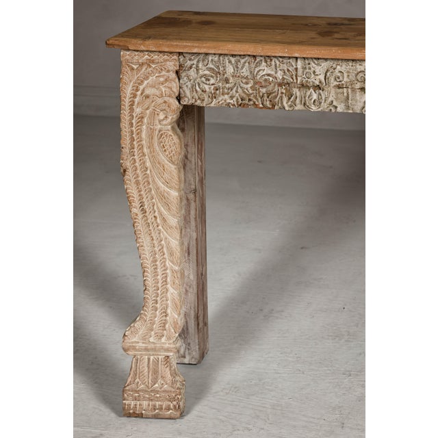 Mughal Style Whitewash Console Table with Foliage Carved Apron and Legs For Sale - Image 11 of 12
