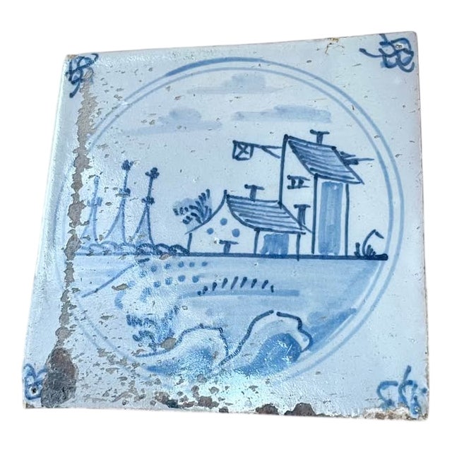 Antique Hand Painted Blue and White Tile from Delft, 1770 For Sale