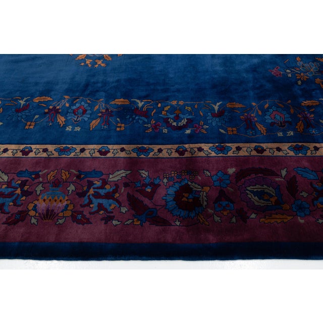 1920s Early 20th Century Antique Chinese Art Deco Wool Rug in Cobalt Blue & Plum For Sale - Image 5 of 12