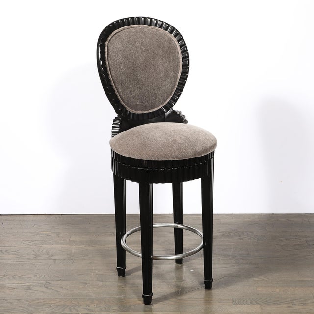 Art Deco Style Scalloped & Fluted Detailed Ebonized Walnut Swiveling Barstools For Sale - Image 14 of 18