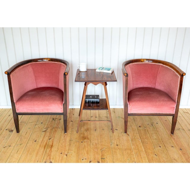 Antique Art Nouveau Edwardian Barrel Back Tub Armchairs in Mahogany and Pink Upholstery, 1910, Set of 2 For Sale - Image 13 of 18