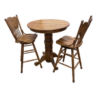 Gorgeous Mid 20th Century Round Table With Two Chairs, Solid Oak For Sale