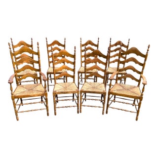 Vintage Early American Shaker Style Ladder Back Rush Seat Dining Chairs - Set of 8 For Sale