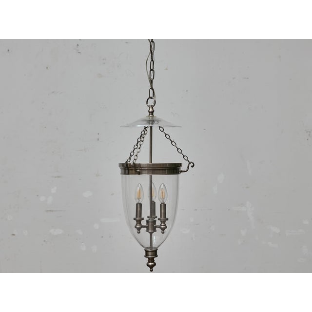 English Midcentury Nickel Bell Lantern With Glass Dome and Three Lights For Sale - Image 12 of 16