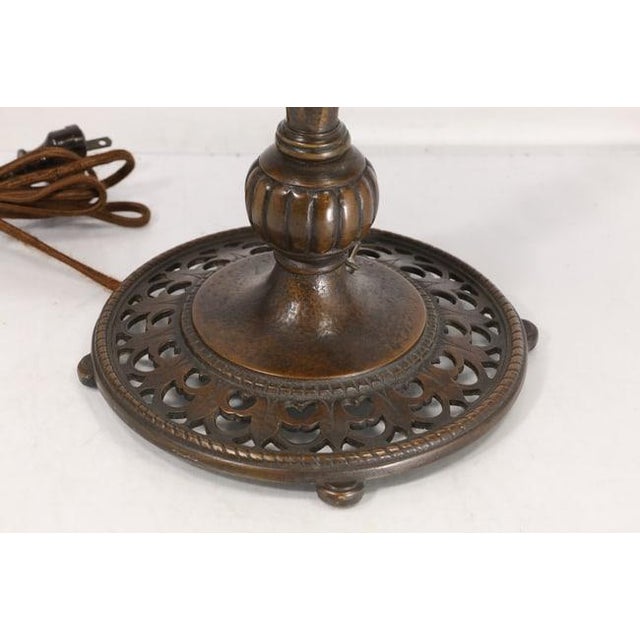 Oscar Bach 1910s Signed Oscar Bach Bronze 2-Light Table Lamp With Quality Art Glass Shades, Good Patina For Sale - Image 4 of 15