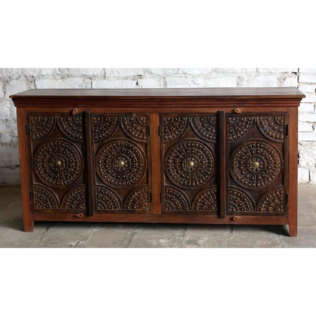Antique Lotus Carved Sideboard – Two-Tone Vintage Wood Buffet Credenza For Sale - Image 4 of 6