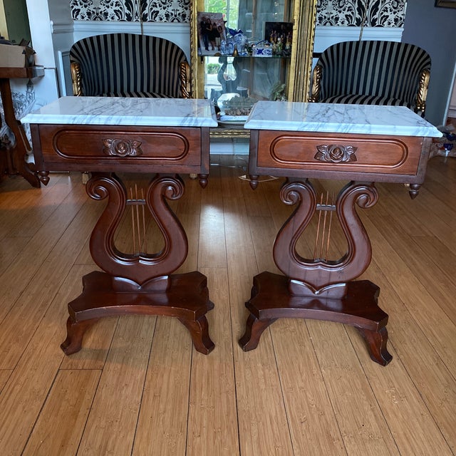 Chippendale Lyre Marble Top Hand Carved Side Tables a Pair Chairish