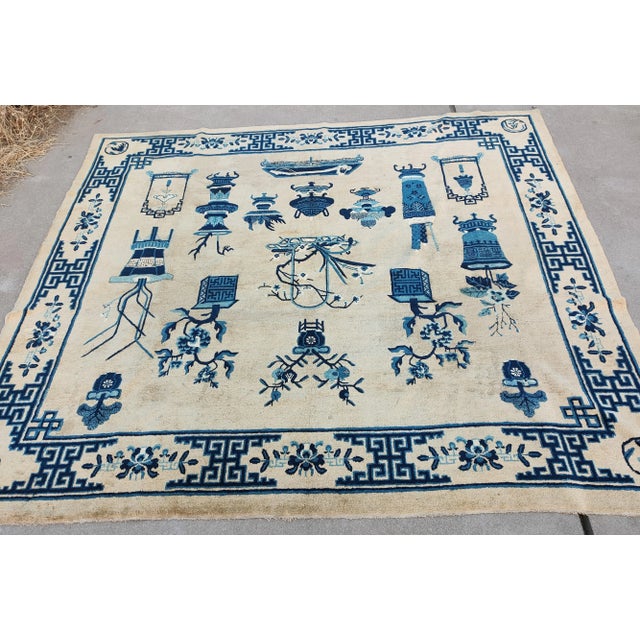 1930s Antique Beige Medallion Chinese Peking 100 Antiques Knotted Wool Rug For Sale - Image 4 of 12