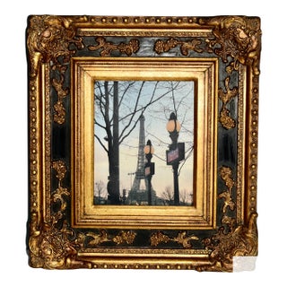 Vtg. Parisian Scene Print in Ornate Black & Gold Rocco Style Frame For Sale