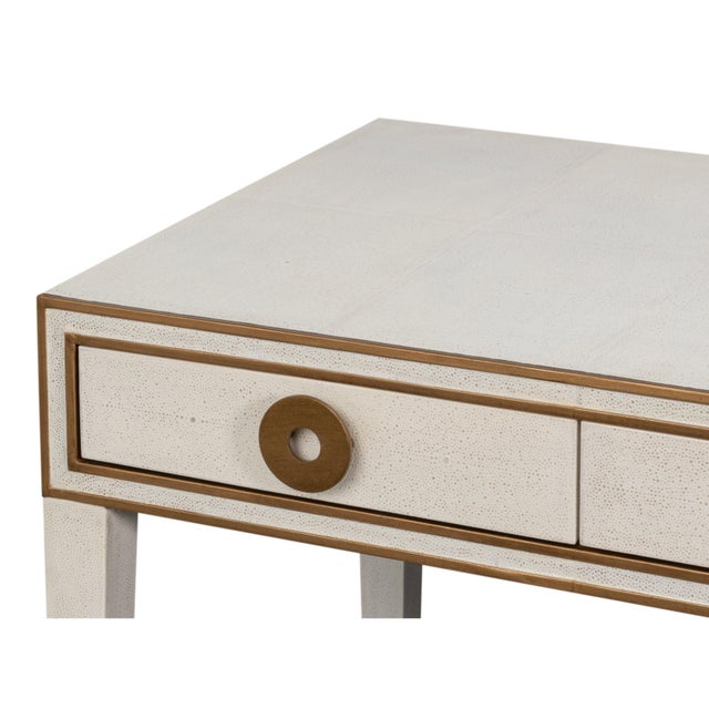 Art Deco Shagreen Writing Desk in White with Brass Ring Pulls For Sale - Image 10 of 12