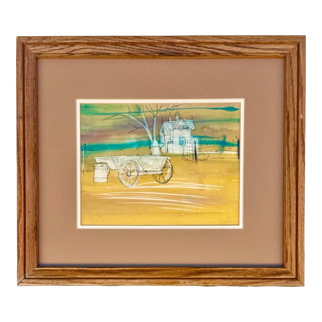 Vintage Leo Thompson Watercolor Painting of Rural Landscape, Signed & Framed Americana Art For Sale