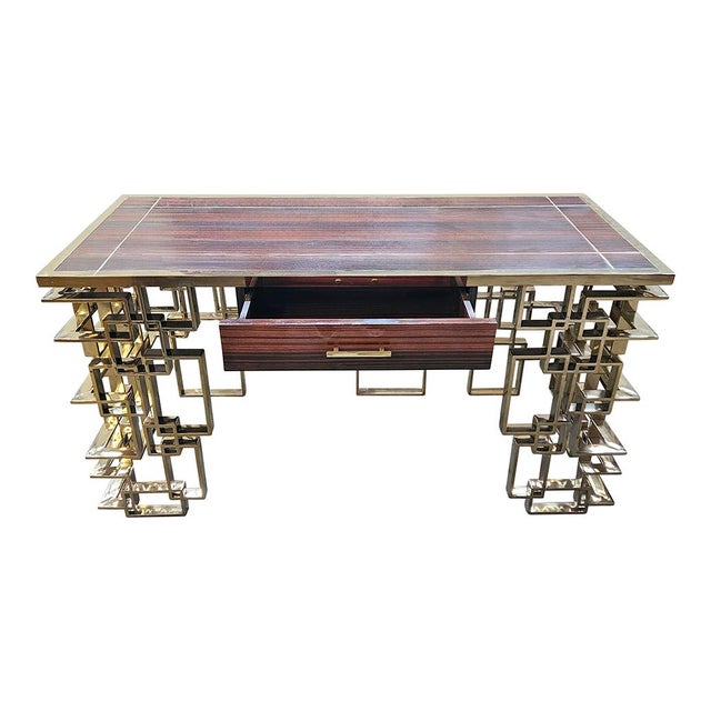 Metal Double-Sided Console in Chrome-Gold Steel and Briar Top, 1980s For Sale - Image 7 of 7