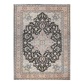 Vintage Persian Tabriz Heriz Rug, Geometric Pattern, Hand-Knotted Wool, Black & Ivory, 7’ X 10’ For Sale