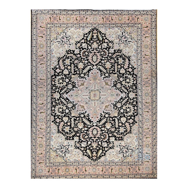 Vintage Persian Tabriz Heriz Rug, Geometric Pattern, Hand-Knotted Wool, Black & Ivory, 7’ X 10’ For Sale