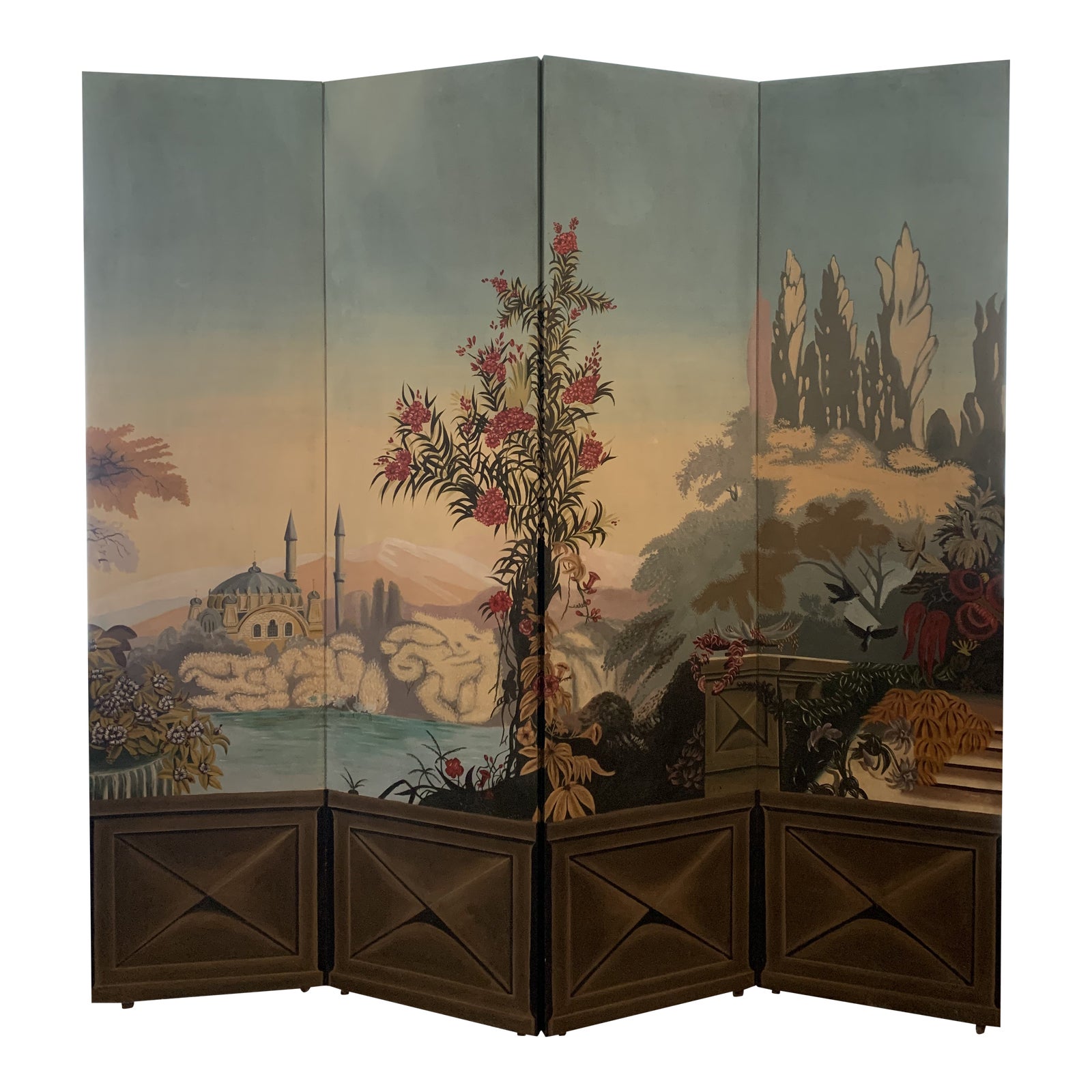 Vintage Maitland Smith Hand Painted 4 Panel Folding Screen | Chairish