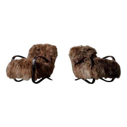 Lounge Chairs in Long Hair Sheepskin by Jindrich Halabala, Czech Republic, 1930s, Set of 2 For Sale