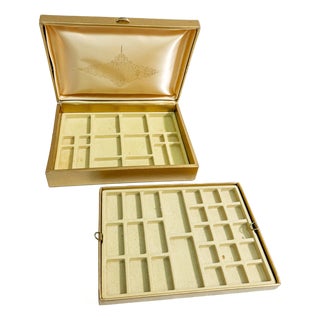 Vintage 1950s Mid Century Glam Lady Buxton Gold Jewelry Box For Sale