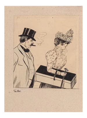 Louis Vallet, The Couple, Original China Ink and Watercolor Drawing, Early 1900s
