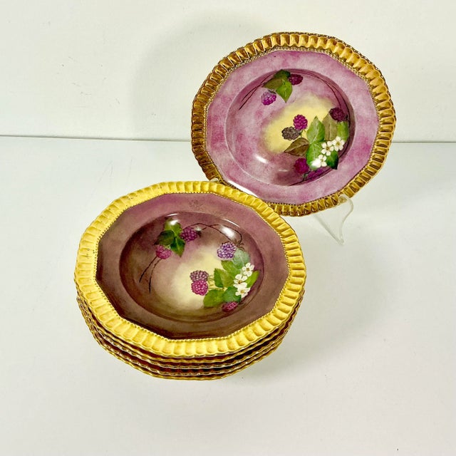 1961 Vintage Boho Chic Hollywood Regency Majolica Czechoslovakia Porcelain Gilded Bowls - Set of 6. For Sale - Image 12 of 14