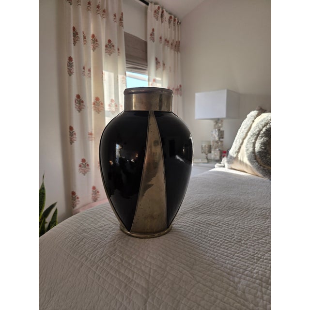 Art Deco Vintage Clay - Black Fired - Metal Banded Vase. France. Nice Vase For Sale - Image 3 of 7