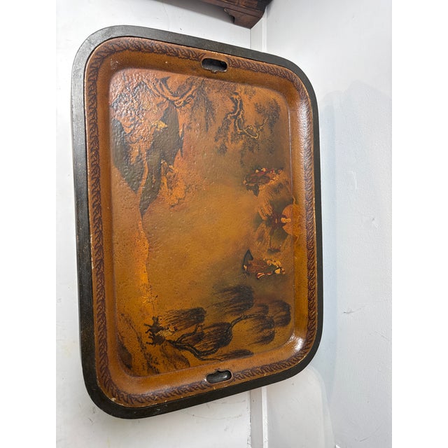 Wood Antique Painted Metal Tray on Stand Depicting a Chinese Ceremonial Landscape For Sale - Image 7 of 10