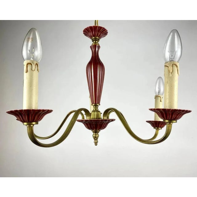Gilded Brass and Burgundy Ceramics Chandelier For Sale - Image 3 of 7