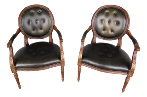 Ethan Allen French Louis XVI Style Francesca Leather Tufted Arm Chairs - A Pair