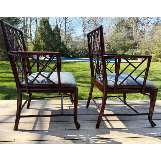 Air of Baker Chinoiserie Lacquered Lounge Chairs With Geometric Lattice Backs & Upholstered Seats For Sale - Image 9 of 18