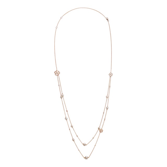 18K Rose Gold 1/2 Cttw Diamond and Freshwater Pearl Double Strand Station Necklace For Sale