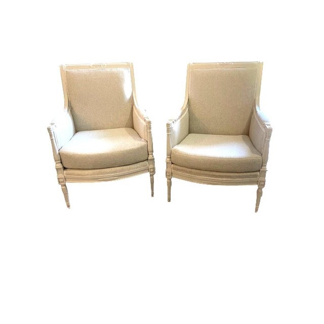 1940s Directoire Style Louis XVI Bergere Armchairs in Natural Linen - A Pair For Sale - Image 17 of 18