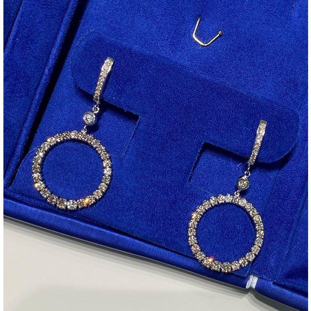 2 Carat Round Circle Shape Brilliant Cut Diamond Hoop 14 Karat White Gold Huggie Hinge Dangle Drop Unique Versatile...