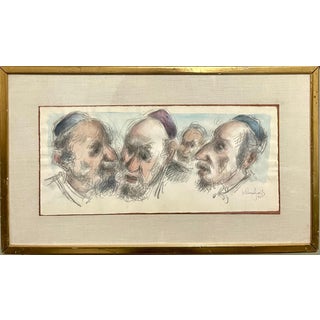 Chaim Gross, Chaim Gross Mid Century Mod Judaica Jewish Watercolor Painting Rabbis WPA Artist For Sale