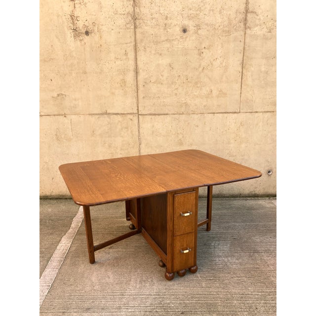 Wood Large Oak Drop Leaf Dining Table with Long Drawers, 1940s For Sale - Image 7 of 10