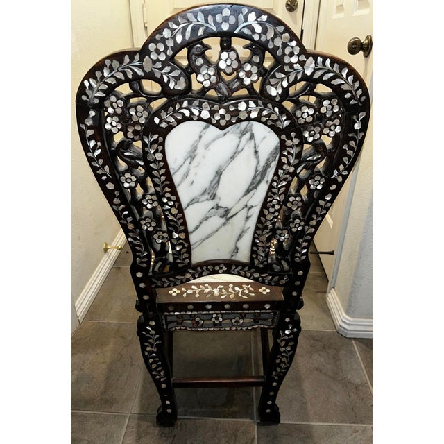 Vintage Chinese Rosewood Mother-of-Pearl Inlaid Dining Set – Rectangular Table + 6 Chairs With Marble Tops For Sale - Image 11 of 12